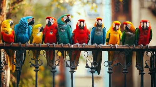 Obraz na płótnie Colorful parrots gathering on a fence urban environment wildlife photography natural habitat vibrant display w salonie