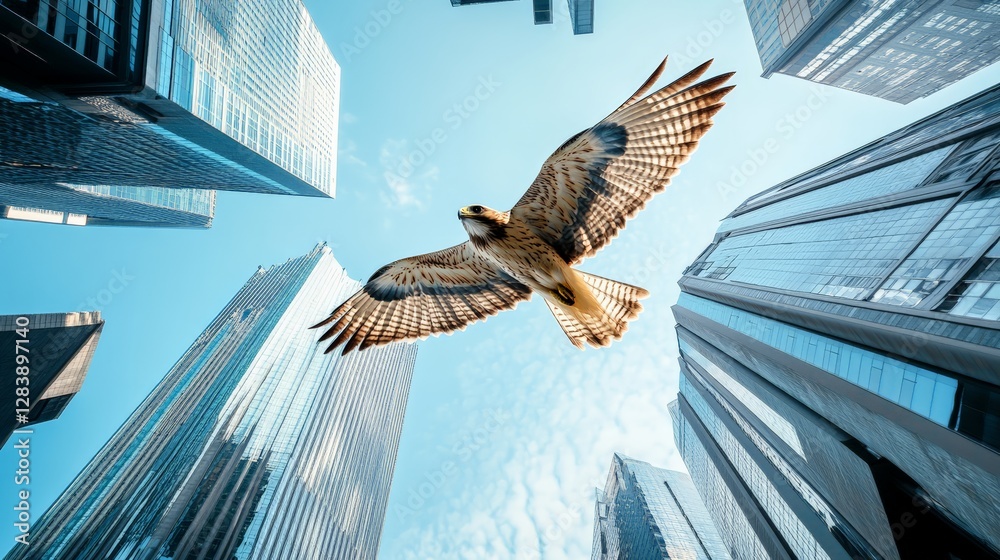 Hawk soars above skyscrapers in urban landscape aerial view nature photography city environment freedom concept