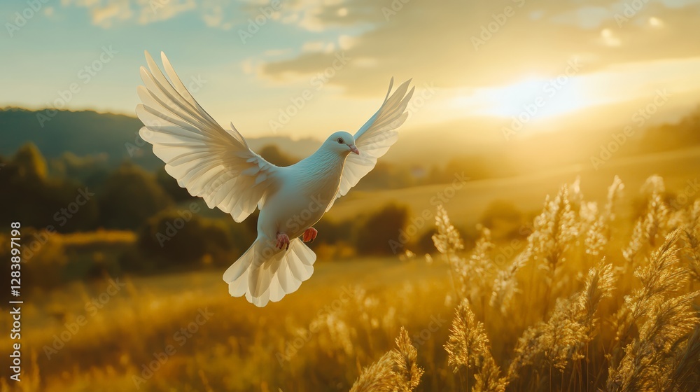 Dove in flight at sunrise over golden fields nature photography serene landscape peaceful atmosphere
