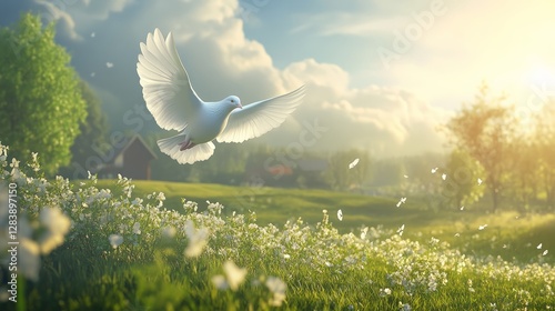 Dove in flight over lush meadow serene landscape nature photography idyllic environment peaceful moment