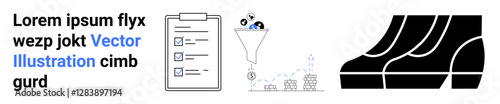 Task checklist with marked items, funnel sorting process outputting data, and streamlined step progression. Ideal for productivity, filtering, task management, automation, efficiency, digital