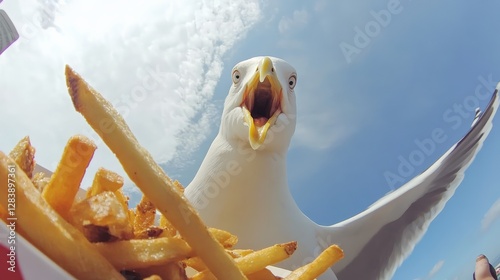 Obraz na płótnie Seagull stealing french fries beachfront boardwalk wildlife capture sunny day close-up perspective humorous encounter w salonie