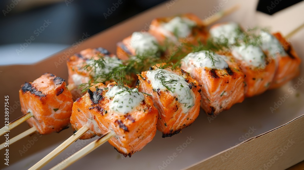 Grilled salmon skewers food festival culinary delight outdoor setting close-up view gourmet experience