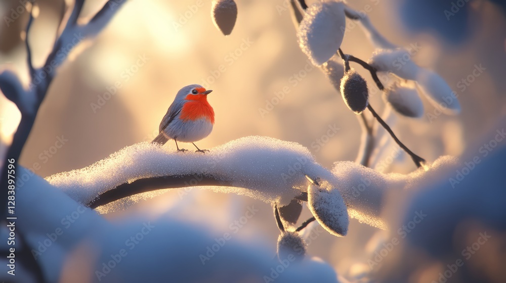 Snowy scene robin bird on branch winter wonderland nature photography serene environment close-up view natural beauty