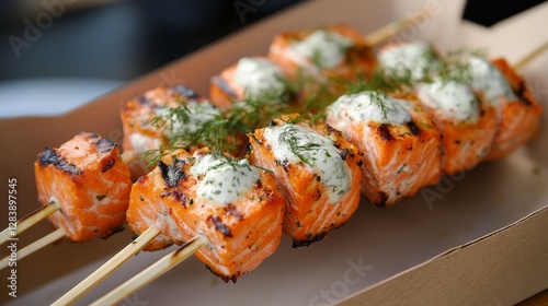 Obraz na płótnie Grilled salmon skewers food festival culinary delight outdoor setting close-up view gourmet experience w salonie