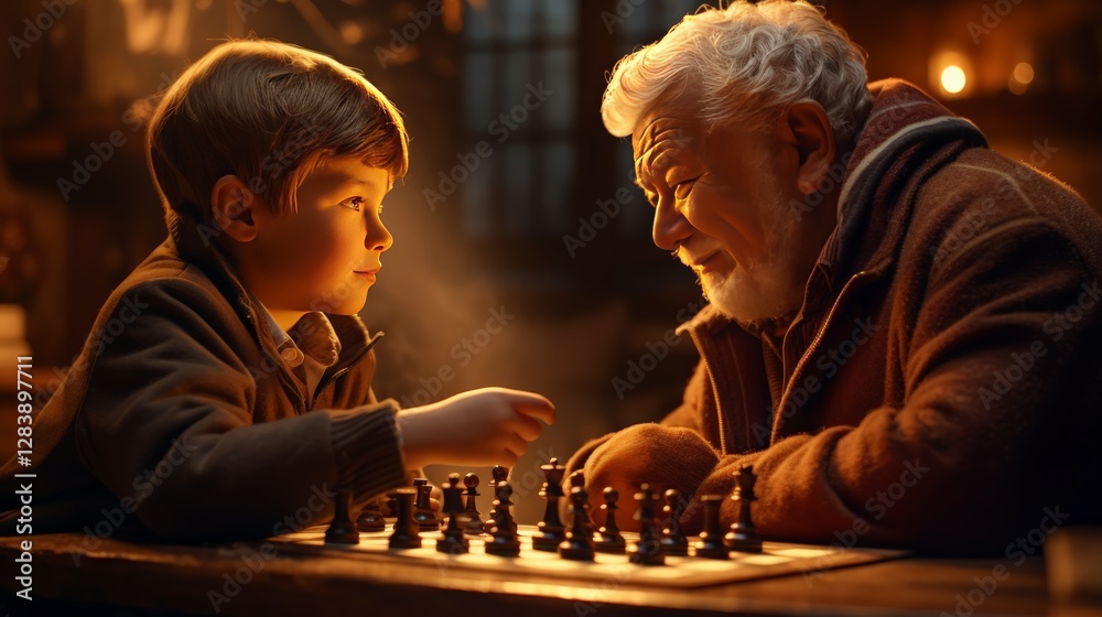 Intimate chess game between grandfather and grandson cozy cabin photography warm light close-up connection