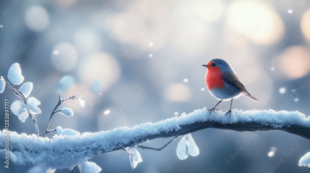Charming red-breasted robin perched on snowy branch winter wonderland nature photography serene atmosphere close-up view
