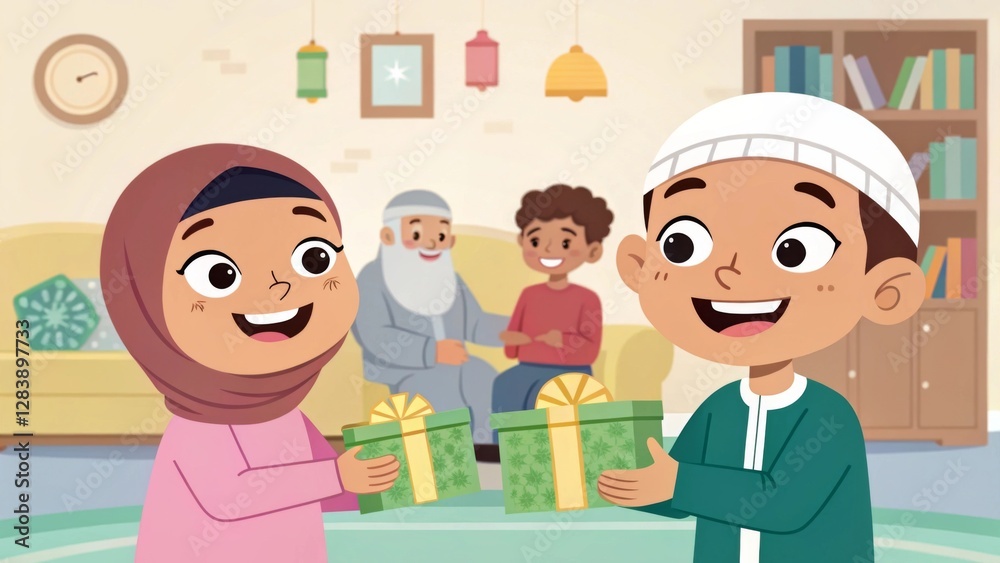 Children happily receiving Eid money (Eidi) from their elders Children happily receiving Eid money (Eidi) from their elders