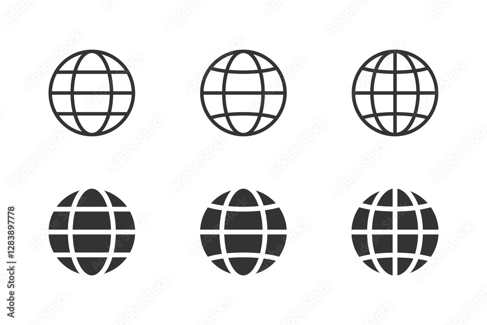Six gray globes with black lines, a modern and minimalist design