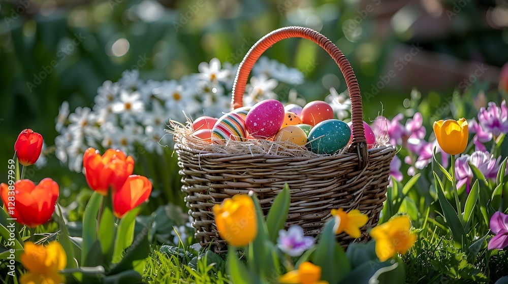 A basket filled with colorful Easter eggs surrounded by fresh spring flowers A basket filled with colorful Easter eggs surrounded by fresh spring flowers