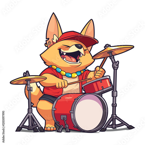 Dog Character Playing Drums with Joy in Vector Illustration