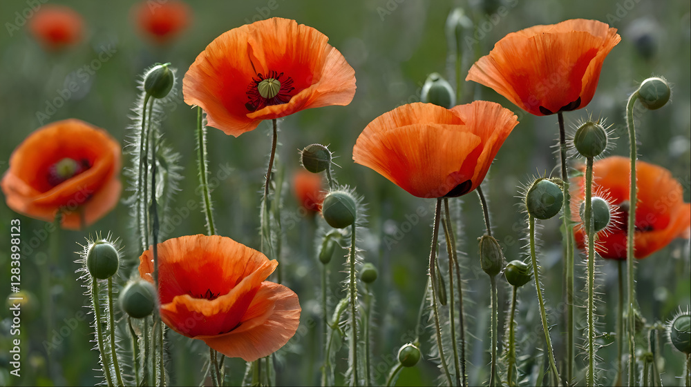 Fototapeta premium Corn poppies Papaver rheas bud flower poppy Red poppies in a close-up with a green, natural background, borken, münsterland, germany,