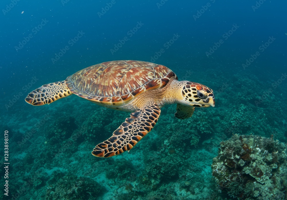 Obraz premium Hawksbill Sea Turtle Underwater Ocean Wildlife Photo