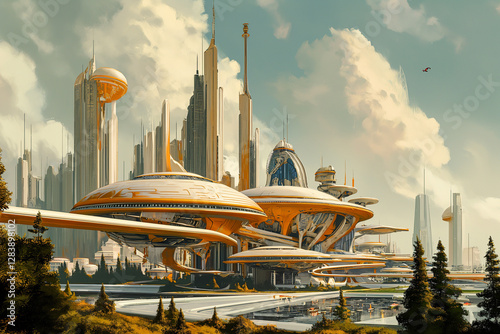 Retrofuturistic landscape in mid-century sci-fi style. Retro science fiction scene with futuristic city buildings.