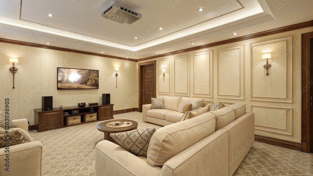 Fototapeta premium The spacious feel of this living room is enhanced by its light color palette, soft lighting, and a blend of classic architectural details with comfortable modern furniture