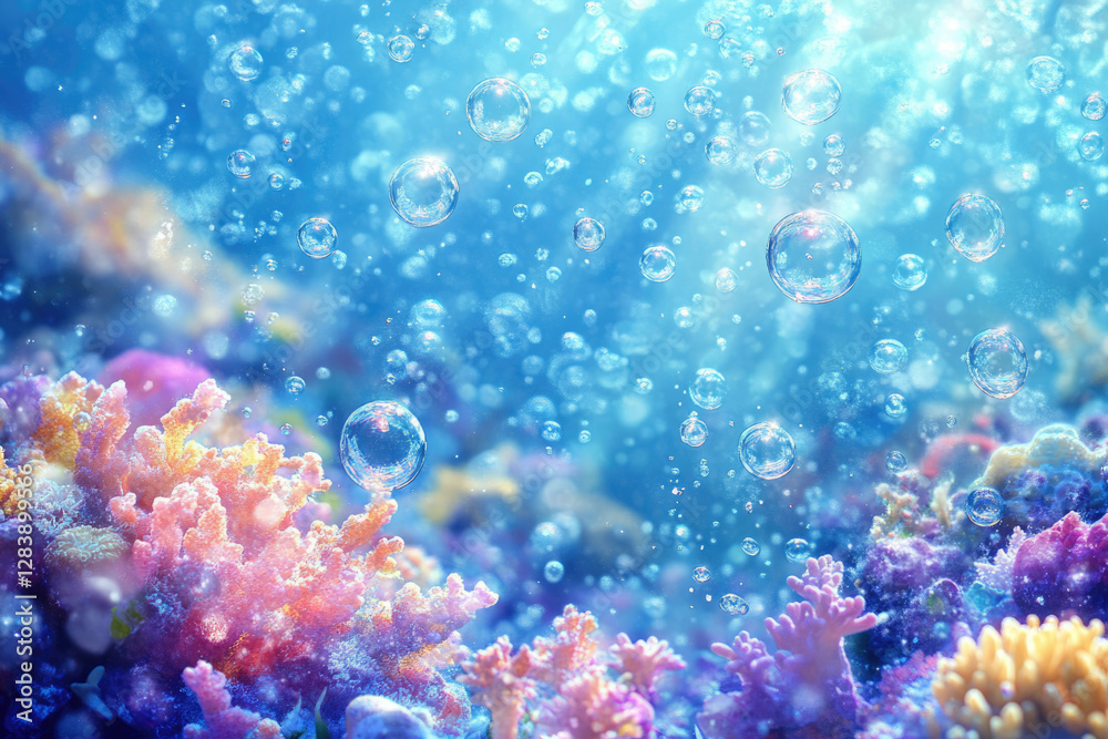 Fototapeta premium Vibrant coral reef scene with numerous bubbles floating in clear blue water.