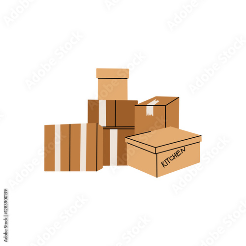 Cardboard boxes. Stacked box piles. Cargo warehouse stack. Delivery and moving container. Hand drawn package heap, carton mailboxes. Parcel cartoon flat isolated vector illustration composition set