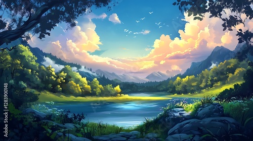 An artistic landscape of a forest by the river under a blue sky