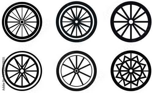 This graphic features six different wheel designs, all in black and white, set against a plain background.