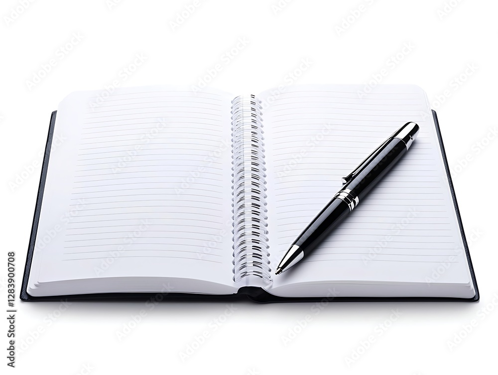 Blank Notebook with Elegant Black Pen on White Background for Note Taking, Writing, and Planning Blank Notebook with Elegant Black Pen on White Background for Note Taking, Writing, and Planning