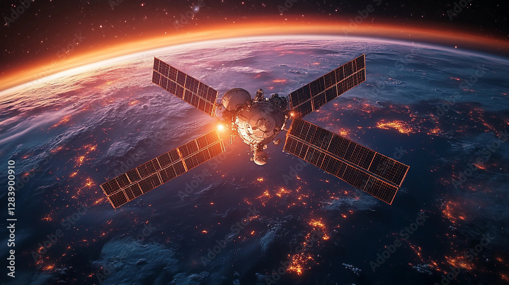 Satellite Orbiting Earth Stunning Space Exploration Modern Technology Digital Artwork High Definition Image Blue Planet Cosmic Background Detailed Satellite Orbiting Earth Stunning Space Exploration Modern Technology Digital Artwork High Definition Image Blue Planet Cosmic Background Detailed