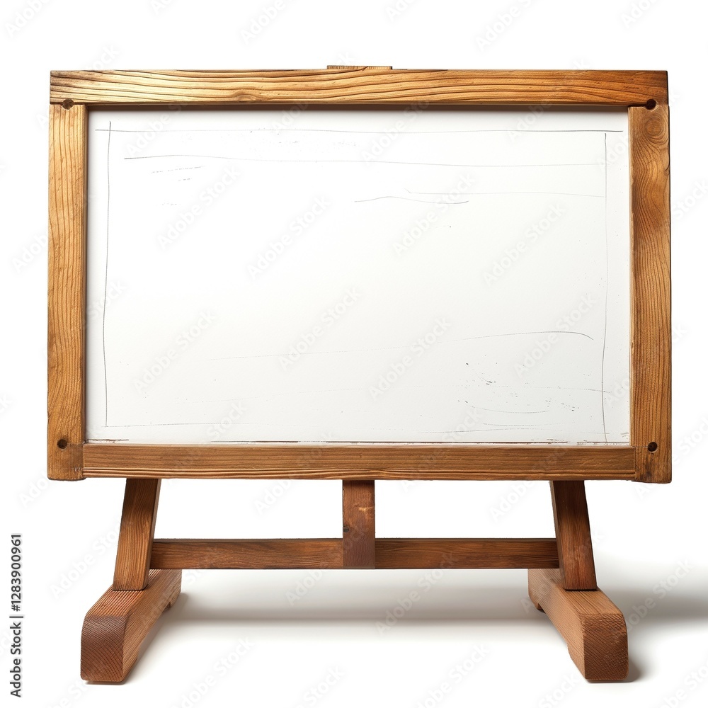 A wooden easel with a blank white board, perfect for brainstorming and creative ideas. A wooden easel with a blank white board, perfect for brainstorming and creative ideas.