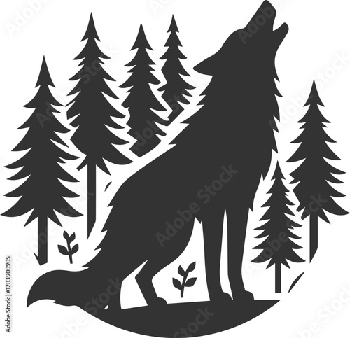 A wolf howling in a dense forest with tall trees vector animal silhouette