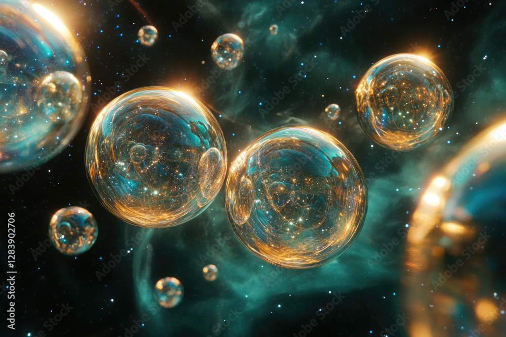 custom made wallpaper toronto digitalGolden, shimmering bubbles float in a cosmic nebula, reflecting galaxies within. A mesmerizing cosmic scene.