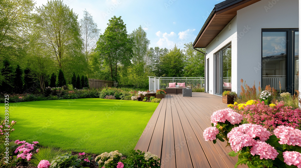 Naklejka premium Dream Home Oasis: A stunning property showcases a meticulously landscaped garden and sun-drenched outdoor deck, presenting an inviting atmosphere of tranquility and modern living.