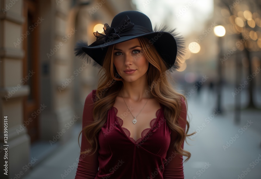 Woman in red velvet dress and black hat with feather adornment standing on a city street Woman in red velvet dress and black hat with feather adornment standing on a city street