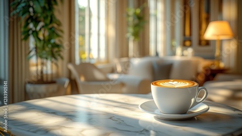 Wallpaper Mural Latte art coffee cup on marble table in sunny cafe interior Torontodigital.ca