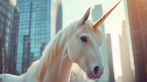 A unicorn with a golden horn stands in front of a city skyline