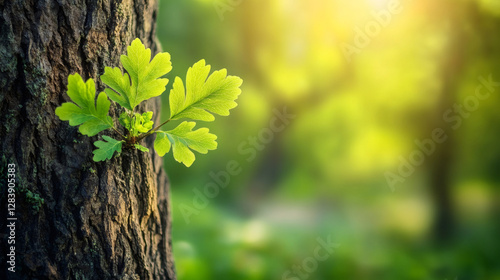 Verdant green foliage emerging from weathered tree bark, representing natural regeneration within lush woodland environment