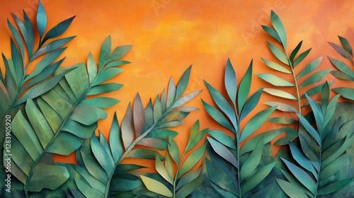 lush tropical foliage against warm orange background