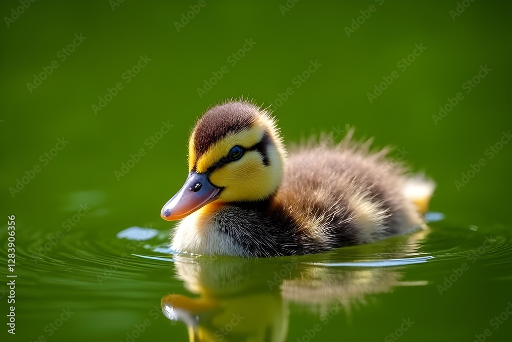 Adorable Baby Duckling Swimming in Green Water Adorable Baby Duckling Swimming in Green Water