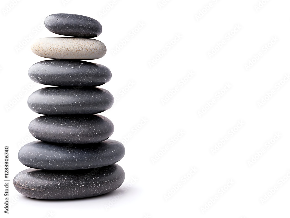 Graceful arrangement of smooth pebbles in a balanced stack on a clean, bright background for relaxation themes Graceful arrangement of smooth pebbles in a balanced stack on a clean, bright background for relaxation themes