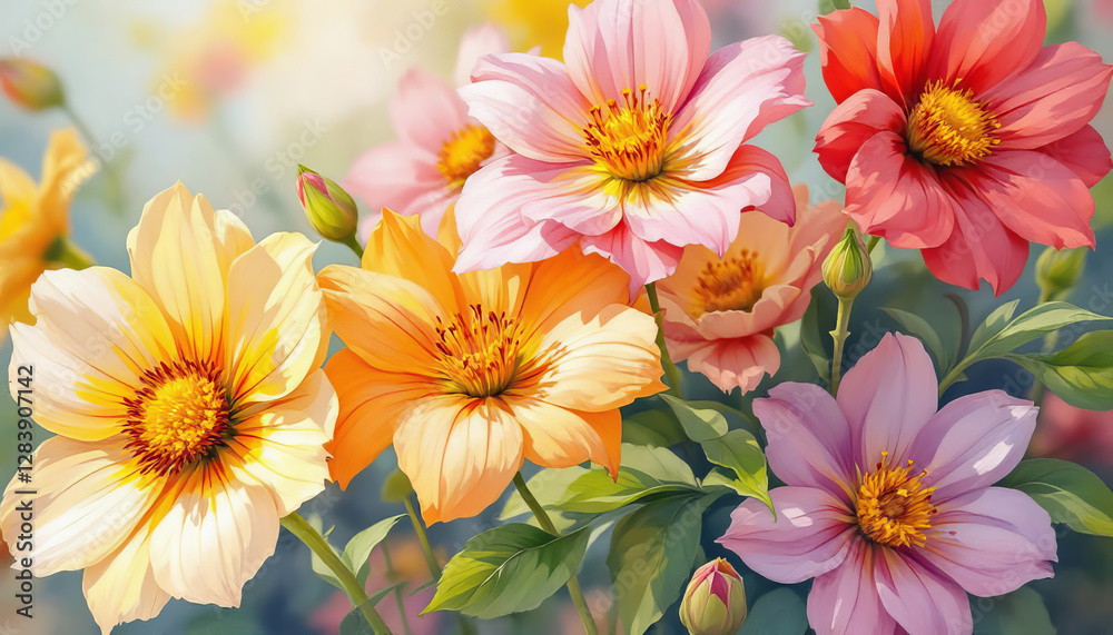 Fototapeta premium Beautiful vibrant watercolor flowers in shades of pink and orange