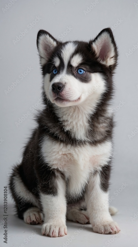 Playful Siberian Husky puppy gazing to the side, showcasing its fluffy fur and mesmerizing blue eyes. Playful Siberian Husky puppy gazing to the side, showcasing its fluffy fur and mesmerizing blue eyes.