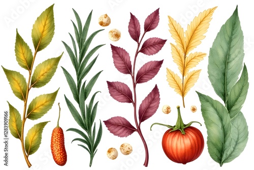 Autumnal Botanical Illustration with Leaves, Berries, and Gourd