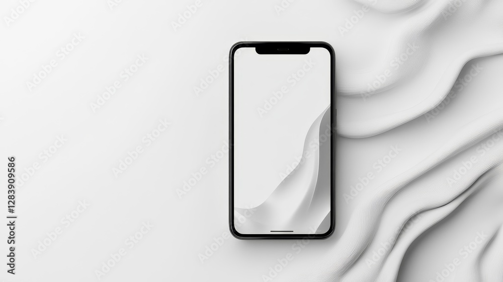 Minimalist Smartphone with Blank Screen on White Wavy Background Minimalist Smartphone with Blank Screen on White Wavy Background