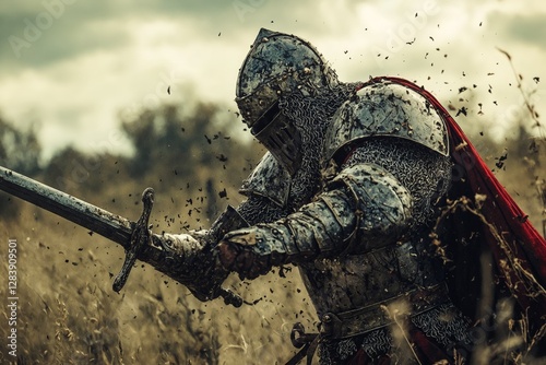 Un caballero medieval combate en un campo, levantando polvo y escombros mientras blande su espada.