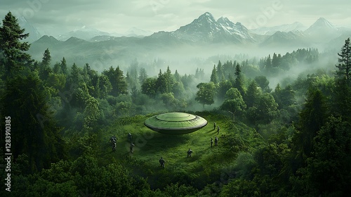Mysterious Spaceship Landing in a Misty Mountain Forest - Digital Artwork AI Generated