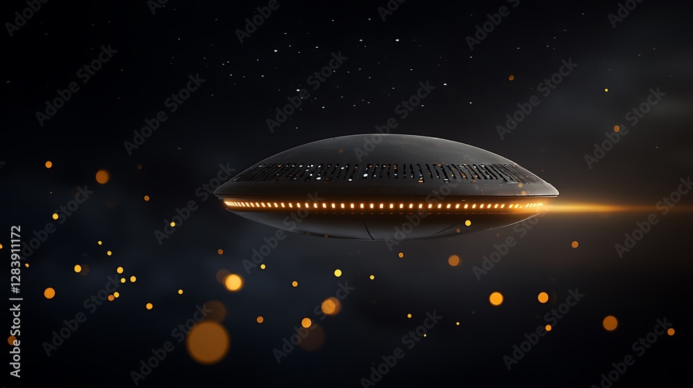 Futuristic flying saucer gliding through a starry night sky with glowing particles Futuristic flying saucer gliding through a starry night sky with glowing particles