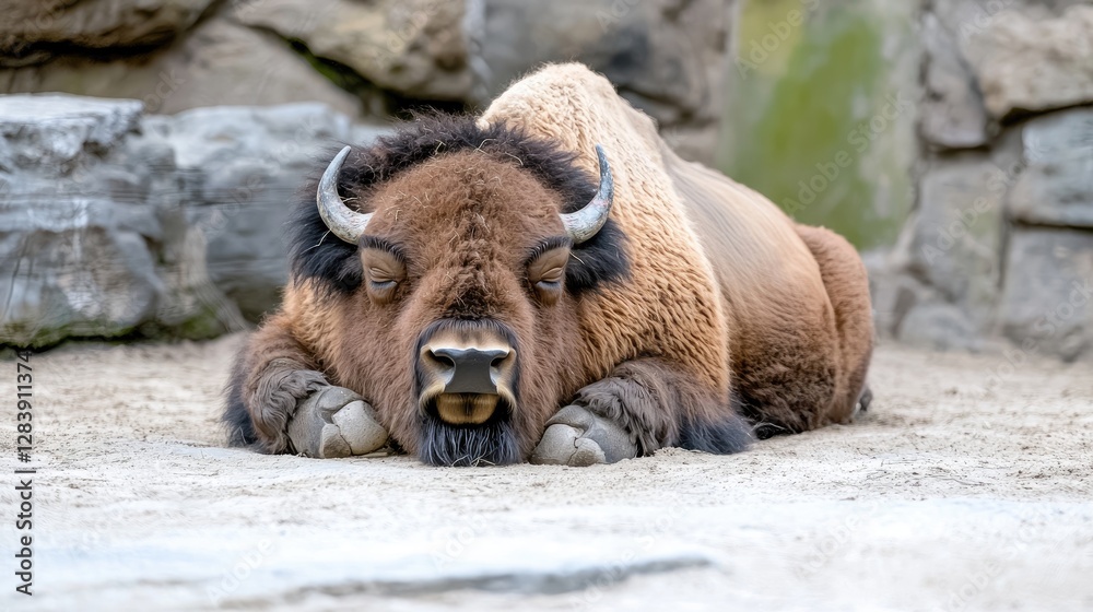 Bison resting zoo enclosure rocky background wildlife conservation Bison resting zoo enclosure rocky background wildlife conservation