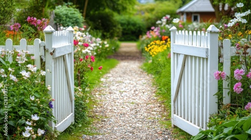 Fototapeta Naklejka Na Ścianę i Meble -  Close up of a cottage style garden gate slightly open, leading to a lush green path lined with blooming flowers, spring welcome peaceful home