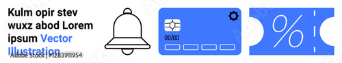Notification bell, credit card with settings icon, and discount coupon symbolize alerts, payments, and offers. Ideal for e-commerce, finance, marketing, online services discounts notifications