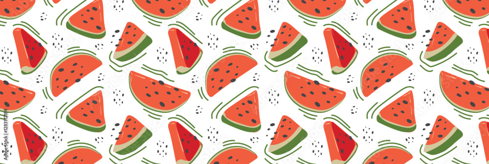 Naklejka premium Abstract watermelon slices pattern in flat style. Vector seamless background. Summer freshness for health with natural watermelon flavor. For background, juice, ice cream or packaging.