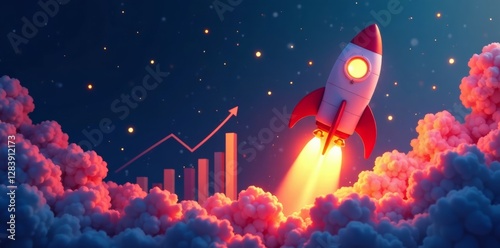 Rocket blasting off from a launchpad with growing charts in the background, rising graphs, business success
