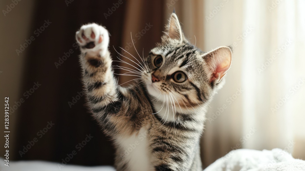Naklejka premium Playful tabby kitten reaching up with paw in sunlit room