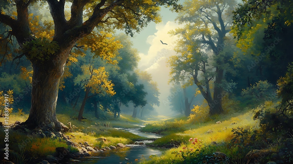 Obraz premium Sun-Dappled Forest Stream: A Digital Painting of Autumnal Woods AI Generated